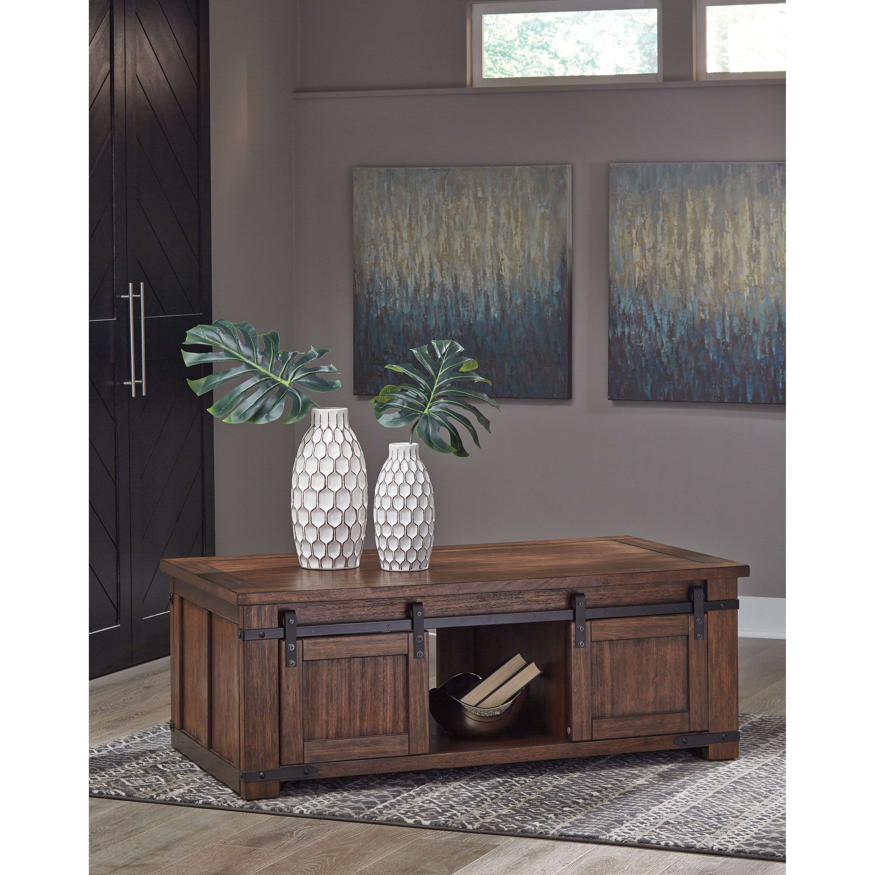 Signature Design by Ashley Budmore T3721 Rustic Cocktail Table with Sliding Barn Doors Royal